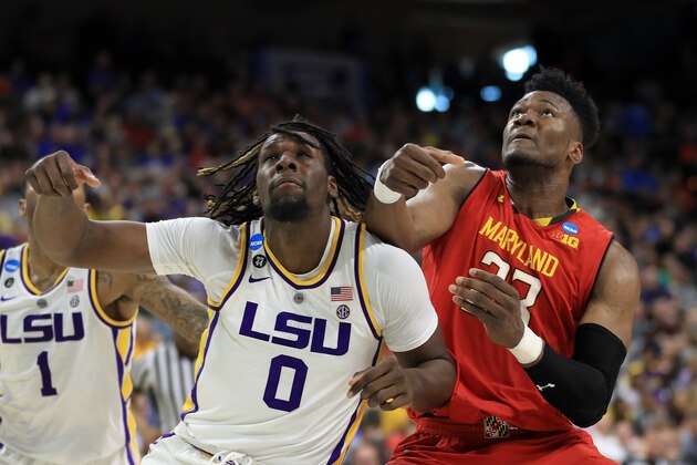 JACKSONVILLE, FLORIDA - MARCH 23: Bruno Fernando #23 of the Maryland Terrapins boxes out against Naz Reid #0 of the LSU Tigers during the second half of the game in the second round of the 2019 NCAA Men's Basketball Tournament at Vystar Memorial Arena on March 23, 2019 in Jacksonville, Florida. (Photo by Mike Ehrmann/Getty Images)
