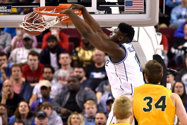 COLUMBIA, SC - MARCH 22: Zion Williamson #1 of the Duke Blue Devils dunks the ball against the North Dakota State Bison in the first half during the first round of the 2019 NCAA Men's Basketball Tournament at Colonial Life Arena on March 22, 2019 in Columbia, South Carolina. (Photo by Lance King/Getty Images)
