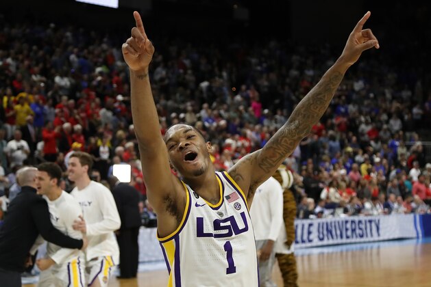 JACKSONVILLE, FLORIDA - MARCH 23: Javonte Smart #1 of the LSU Tigers celebrates their 69-67 win over the Maryland Terrapins in the second round of the 2019 NCAA Men's Basketball Tournament at Vystar Memorial Arena on March 23, 2019 in Jacksonville, Florida. (Photo by Sam Greenwood/Getty Images)