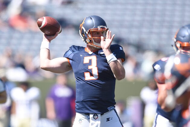 ATLANTA, GEORGIA - MARCH 23: Garrett Gilbert #3 of the Orlando Apollos throws a pass during the first half against the Atlanta Legends in an Alliance of American Football game at Georgia State Stadium on March 23, 2019 in Atlanta, Georgia. (Photo by Logan Riely/AAF/Getty Images)