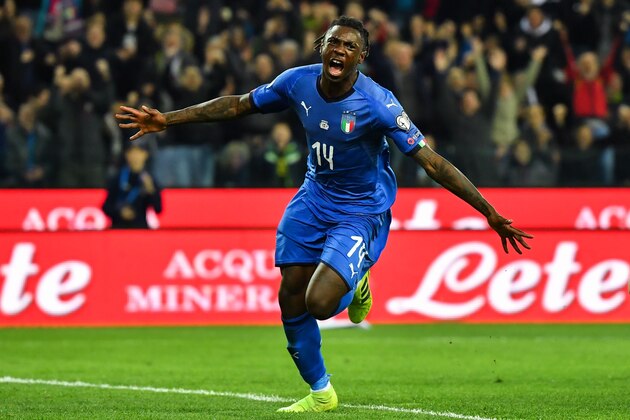 Italy's forward Moise Kean celebrates after scoring  during the Euro 2020 Group J qualifying football match between Italy and Finland on March 23, 2019 at the Friuli stadium in Udine. (Photo by Andreas SOLARO / AFP)        (Photo credit should read ANDREAS SOLARO/AFP/Getty Images)