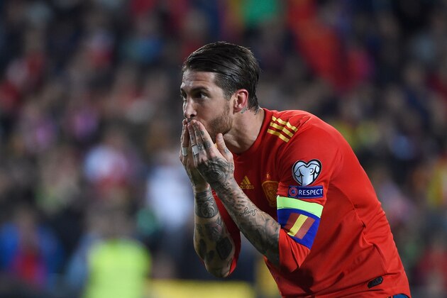 Spain's defender Sergio Ramos celebrates after scoring a goal during the Euro 2020 group F qualifying football match between Spain and Norway at the Mestalla Stadium in Valencia on March 23, 2019. (Photo by JOSE JORDAN / AFP)        (Photo credit should read JOSE JORDAN/AFP/Getty Images)