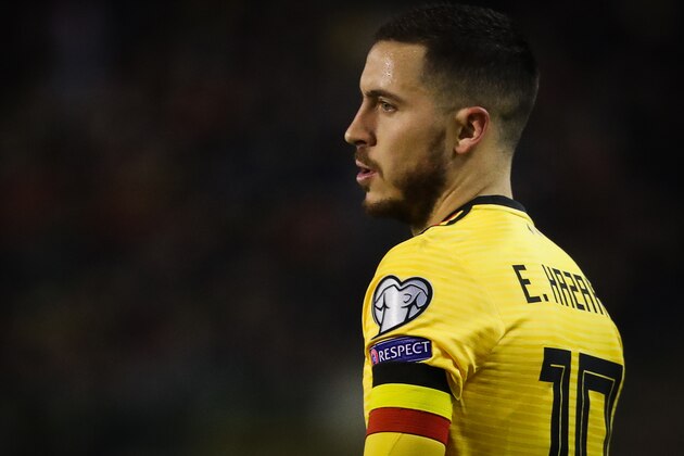 Belgium's forward Eden Hazard looks on during the Euro 2020 football qualification match between Belgium and Russia at the Roi Baudouin stadium, in Brussels on March 21, 2019. (Photo by VIRGINIE LEFOUR / BELGA / AFP) / Belgium OUT        (Photo credit should read VIRGINIE LEFOUR/AFP/Getty Images)