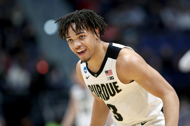 HARTFORD, CONNECTICUT - MARCH 23:  Carsen Edwards #3 of the Purdue Boilermakers celebrates his basket against the Villanova Wildcats in the first half during the second round of the 2019 NCAA Men's Basketball Tournament at XL Center on March 23, 2019 in Hartford, Connecticut. (Photo by Rob Carr/Getty Images)