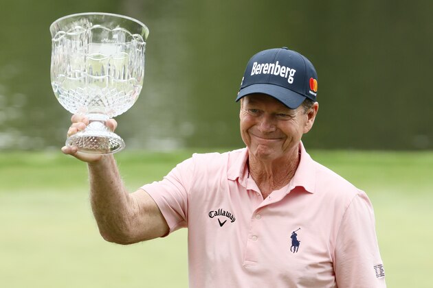 AUGUSTA, GA - APRIL 04:  Tom Watson of the United States celebrates with the trophy after winning the Par 3 Contest prior to the start of the 2018 Masters Tournament at Augusta National Golf Club on April 4, 2018 in Augusta, Georgia.  (Photo by Jamie Squire/Getty Images)