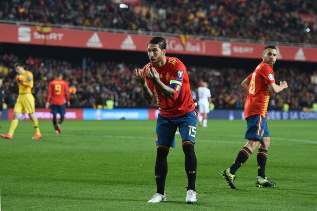 VALENCIA, SPAIN - MARCH 23: Sergio Ramos of Spain celebrates scoring his sides second goal during the 2020 UEFA European Championships group F qualifying match between Spain and Norway at Estadio de Mestalla on March 23, 2019 in Valencia, Spain. (Photo by Denis Doyle/Getty Images)