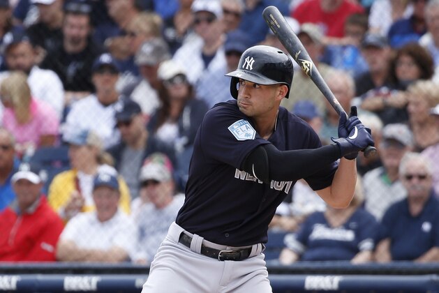 WEST PALM BEACH, FL - MARCH 20: Tyler Wade #14 of the New York Yankees bats against the Houston Astros during a spring training game at The Fitteam Ballpark of the Palm Beaches on March 20, 2019 in West Palm Beach, Florida. The Astros defeated the Yankees 2-1. (Photo by Joel Auerbach/Getty Images)
