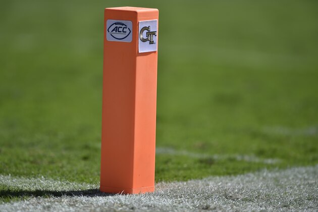 An ACC field marker stands in the end zone during the second half of an NCAA college football game between Georgia Tech and Miami, Saturday, Oct. 1, 2016, in Atlanta. (AP Photo/Mike Stewart)