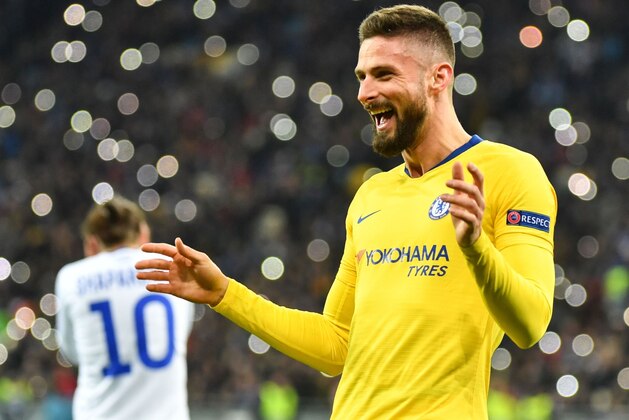 Chelsea's French forward Olivier Giroud celebrates after scoring his third goal during the UEFA Europa League round of 16, second leg football match between FC Dynamo Kyiv and Chelsea FC at NSK Olimpiyskyi stadium in Kiev on March 14, 2019. (Photo by Sergei SUPINSKY / AFP)        (Photo credit should read SERGEI SUPINSKY/AFP/Getty Images)