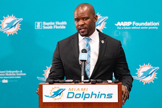 DAVIE, FL - FEBRUARY 04: Brian Flores speaks during a press conference as he is introduced as the new Head Coach of the Miami Dolphins at Baptist Health Training Facility at Nova Southern University on February 4, 2019 in Davie, Florida. (Photo by Mark Brown/Getty Images)