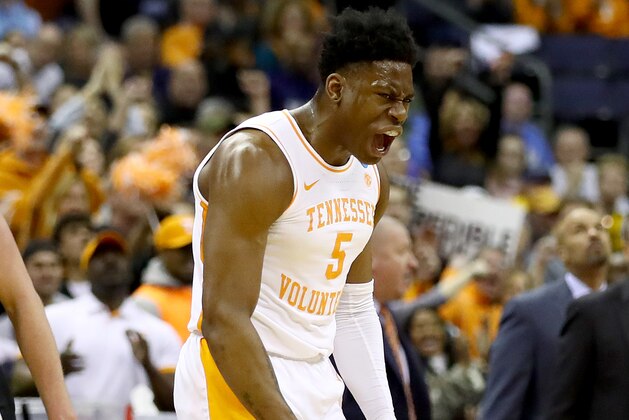 COLUMBUS, OHIO - MARCH 24:  Admiral Schofield #5 of the Tennessee Volunteers reacts to a play against the Iowa Hawkeyes during their game in the Second Round of the NCAA Basketball Tournament at Nationwide Arena on March 24, 2019 in Columbus, Ohio. (Photo by Gregory Shamus/Getty Images)