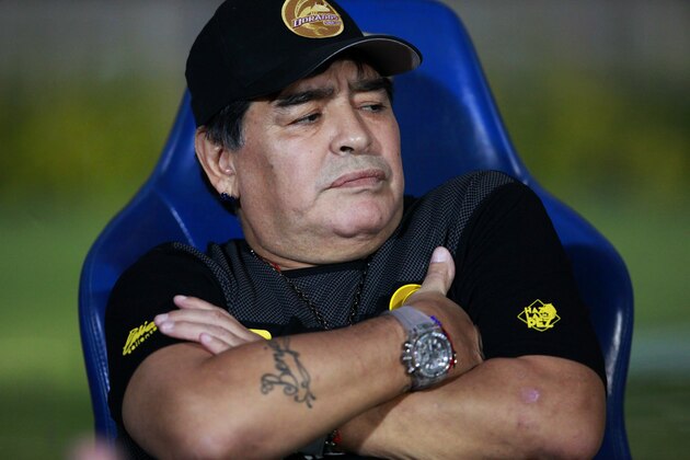 MEXICO CITY, MEXICO - MARCH 12: Diego Armando Maradona coach of Dorados reacts during the quarterfinals match between Pumas UNAM and Dorados as part of the Copa MX Clausura 2019 at Olimpico Universitario Stadium on March 12, 2019 in Mexico City, Mexico. (Photo by Mauricio Salas/Jam Media/Getty Images)