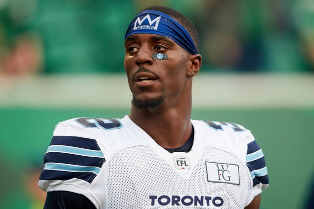 REGINA, SK - JUNE 15: James Wilder Jr. #32 of the Toronto Argonauts on the sideline during the game between the Toronto Argonauts and Saskatchewan Roughriders at Mosaic Stadium on June 15, 2018 in Regina, Canada. (Photo by Brent Just/Getty Images)