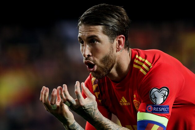 VALENCIA, SPAIN - MARCH 23: Sergio Ramos of Spain, celebrate his goal the 2-1 during the  EURO Qualifier match between Spain  v Norway  at the Estadio de Mestalla on March 23, 2019 in Valencia Spain (Photo by David S. Bustamante/Soccrates/Getty Images)