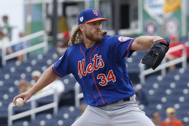 WEST PALM BEACH, FL - FEBRUARY 25: Noah Syndergaard #34 of the New York Mets throws the ball against the Houston Astros during a spring training game at The Fitteam Ballpark of the Palm Beaches on February 25, 2019 in West Palm Beach, Florida. (Photo by Joel Auerbach/Getty Images)
