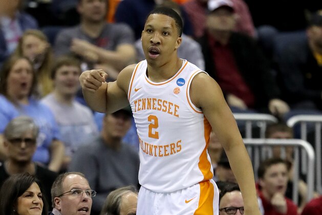 COLUMBUS, OHIO - MARCH 24:  Grant Williams #2 of the Tennessee Volunteers reacts to a play against the Iowa Hawkeyes during their game in the Second Round of the NCAA Basketball Tournament at Nationwide Arena on March 24, 2019 in Columbus, Ohio. (Photo by Elsa/Getty Images)