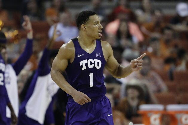 TCU guard Desmond Bane (1) runs up court after scoring against Texas during the second half of an NCAA college basketball game, Saturday, March 9, 2019, in Austin, Texas. (AP Photo/Eric Gay)