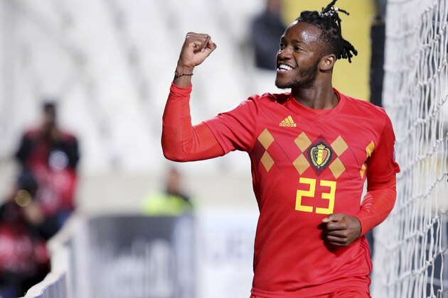 Belgium's forward Michy Batshuayi celebrates after scoring during the Euro 2020 Group I football qualification match between Cyprus and Belgium at the GSP Stadium in Nicosia, on March 24, 2019. (Photo by - / AFP)        (Photo credit should read -/AFP/Getty Images)