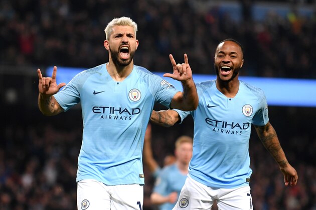 MANCHESTER, ENGLAND - FEBRUARY 27: Sergio Aguero of Manchester City celebrates after scoring his team's first goal with Raheem Sterling of Manchester City during the Premier League match between Manchester City and West Ham United at Etihad Stadium on February 27, 2019 in Manchester, United Kingdom. (Photo by Laurence Griffiths/Getty Images)