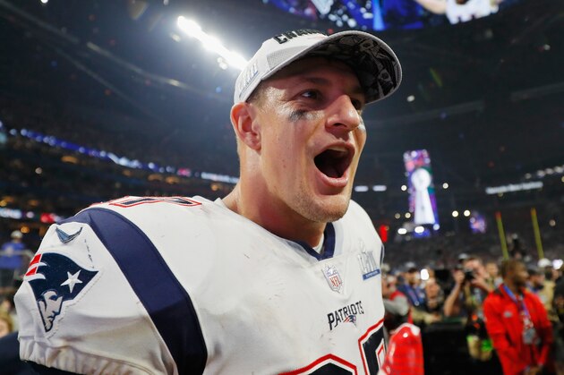 ATLANTA, GA - FEBRUARY 03: Rob Gronkowski #87 of the New England Patriots celebrates his team's victory in the Super Bowl LIII at Mercedes-Benz Stadium on February 3, 2019 in Atlanta, Georgia. The New England Patriots defeat the Los Angeles Rams 13-3. (Photo by Kevin C. Cox/Getty Images)