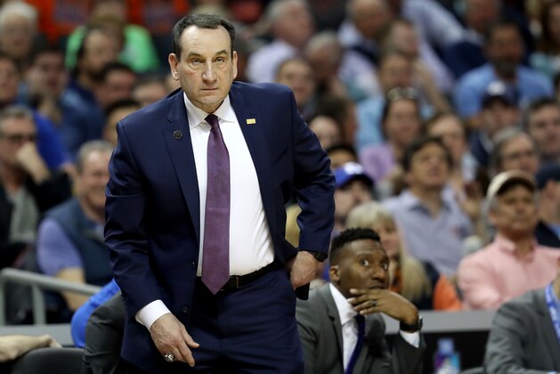 CHARLOTTE, NORTH CAROLINA - MARCH 14: Head coach Mike Krzyzewski of the Duke Blue Devils looks on against the Syracuse Orange during their game in the quarterfinal round of the 2019 Men's ACC Basketball Tournament at Spectrum Center on March 14, 2019 in Charlotte, North Carolina. (Photo by Streeter Lecka/Getty Images)