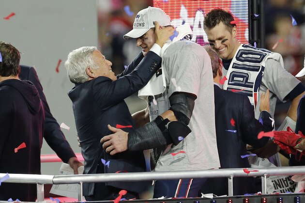 GLENDALE, AZ - FEBRUARY 1: Owner Robert Kraft of the New England Patriots celebrates with Rob Gronkowski #87 following the game against the Seattle Seahawks at the University of Phoenix Stadium on February 1, 2015 in Glendale, Arizona. The Patriots defeated the Seahawks 28-24 to win Super Bowl XLIX. (Photo by Michael Zagaris/Getty Images)