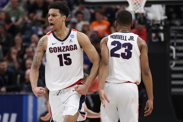 SALT LAKE CITY, UTAH - MARCH 23: Brandon Clarke #15 of the Gonzaga Bulldogs react to a play against the Baylor Bears during their game in the Second Round of the NCAA Basketball Tournament at Vivint Smart Home Arena on March 23, 2019 in Salt Lake City, Utah. (Photo by Patrick Smith/Getty Images)