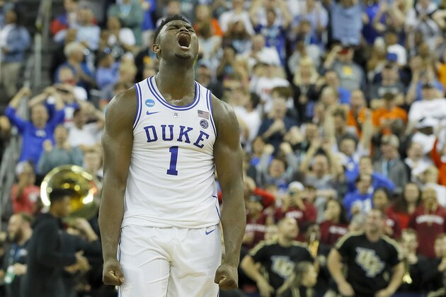 COLUMBIA, SOUTH CAROLINA - MARCH 24: Zion Williamson #1 of the Duke Blue Devils celebrates with his teammates after defeating the UCF Knights in the second round game of the 2019 NCAA Men's Basketball Tournament at Colonial Life Arena on March 24, 2019 in Columbia, South Carolina. (Photo by Kevin C.  Cox/Getty Images)
