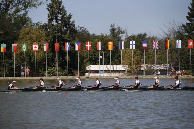 New Zealand's team competes in the final of the Women's Eight at the World Rowing Championships in Plovdiv, Bulgaria, Sunday, Sept. 16, 2018. (AP Photo/Darko Vojinovic)