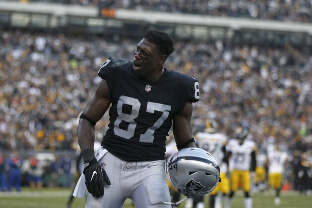 Oakland Raiders tight end Jared Cook (87) reacts during an NFL football game against the Pittsburgh Steelers in Oakland, Calif., Sunday, Dec. 9, 2018. (AP Photo/D. Ross Cameron)