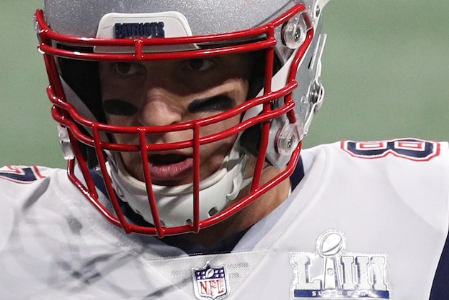 ATLANTA, GEORGIA - FEBRUARY 03: Rob Gronkowski #87 of the New England Patriots warms up prior to Super Bowl LIII against the Los Angeles Rams at Mercedes-Benz Stadium on February 03, 2019 in Atlanta, Georgia. (Photo by Patrick Smith/Getty Images)