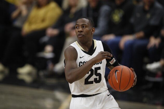 Colorado Buffaloes guard McKinley Wright IV (25) in the second half of an NCAA college basketball game Thursday, March 7, 2019, in Boulder, Colo. Colorado won 93-68. (AP Photo/David Zalubowski)
