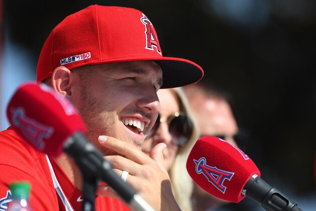 ANAHEIM, CA - MARCH 24: Mike Trout #27 of the Los Angeles Angels of Anaheim speaks at a press conference after he agreed to the terms of a 12-year, $430 million contract extension at Angel Stadium of Anaheim on March 24, 2019 in Anaheim, California. (Photo by Jayne Kamin-Oncea/Getty Images)
