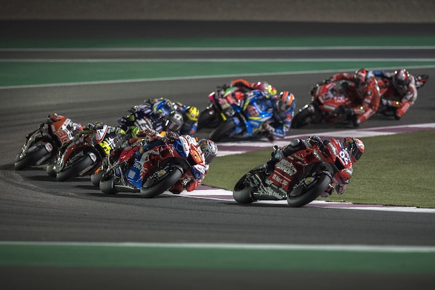 DOHA, QATAR - MARCH 10: Andrea Dovizioso of Italy and Ducati Team  leads the field during the MotoGP race during the MotoGP of Qatar - Race at Losail Circuit on March 10, 2019 in Doha, Qatar. (Photo by Mirco Lazzari gp/Getty Images)