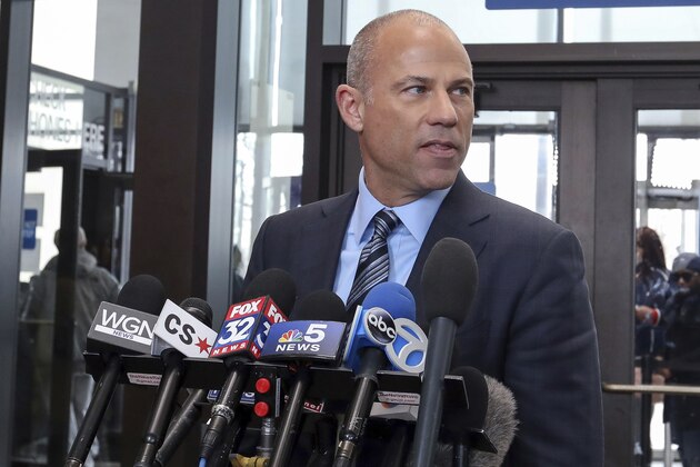 Attorney Michael Avenatti, who is representing an alleged R. Kelly victim, speaks to reporters at the Leighton Criminal Courthouse in Chicago after the R&B singer entered a not guilty plea to all 10 counts of aggravated criminal sexual abuse, Monday morning, Feb. 25, 2019. (AP Photo/Teresa Crawford)