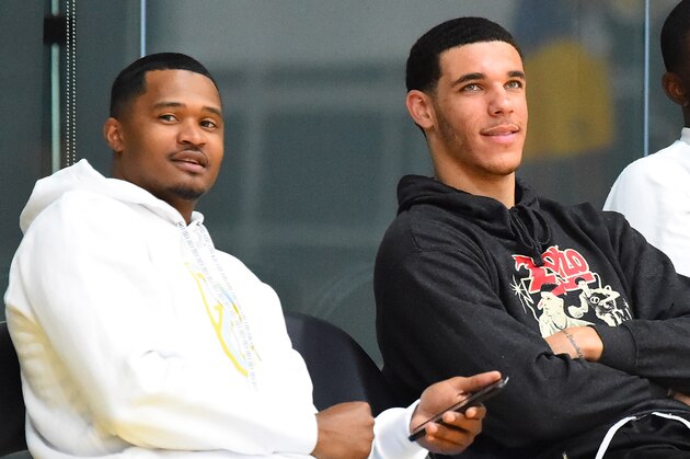 LOS ANGELES, CA - MAY 29:  Trainer Darren Moore, Lonzo Ball #1 of the Los Angeles Lakers and agent Harrison Gaines watch during the NBA Pre-Draft Workout held by the Los Angeles Lakers on May 29, 2018 in Los Angeles, California.  NOTE TO USER: User expressly acknowledges and agrees that, by downloading and or using this photograph, User is consenting to the terms and conditions of the Getty Images License Agreement  (Photo by Jayne Kamin-Oncea/Getty Images)