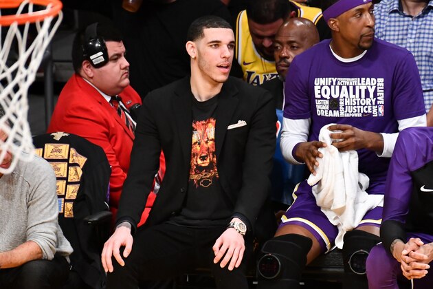 LOS ANGELES, CALIFORNIA - FEBRUARY 27: Lonzo Ball watches from the bench during a basketball game between the Los Angeles Lakers and the New Orleans Pelicans at Staples Center on February 27, 2019 in Los Angeles, California. (Photo by Allen Berezovsky/Getty Images)