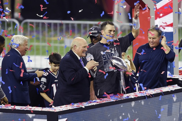 HOUSTON, TX - FEBRUARY 05: Tom Brady #12 of the New England Patriots celebrates with the Vince Lombardi trophy after the Patriots defeat the Atlanta Falcons 34-28 in overtime of Super Bowl 51 at NRG Stadium on February 5, 2017 in Houston, Texas. (Photo by Focus on Sport/Getty Images)