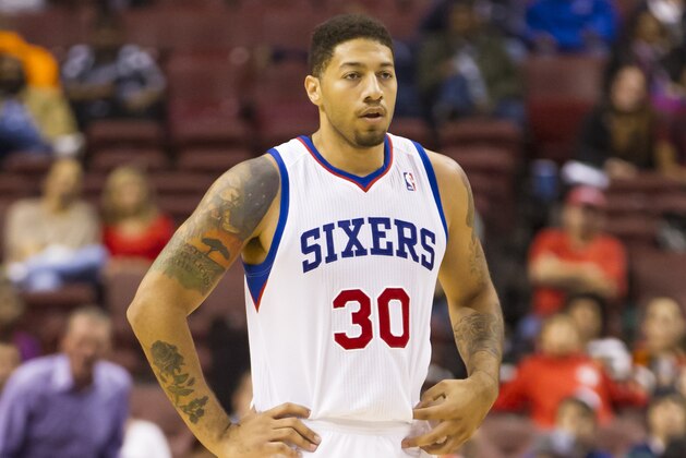 Philadelphia 76ers' Royce White looks on against the Brooklyn Nets during the third quarter of a preseason NBA basketball game, Monday, Oct. 14, 2013, in Philadelphia.  The Nets win 127-97.  (AP Photo/Chris Szagola)