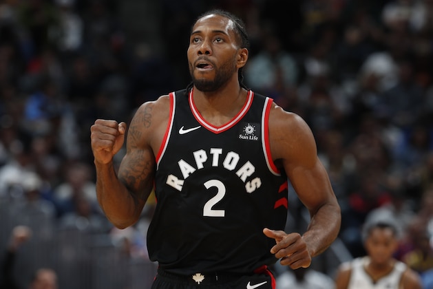 Toronto Raptors forward Kawhi Leonard (2) in the second half of an NBA basketball game Sunday, Dec. 16, 2018, in Denver. The Nuggets won 95-86. (AP Photo/David Zalubowski)