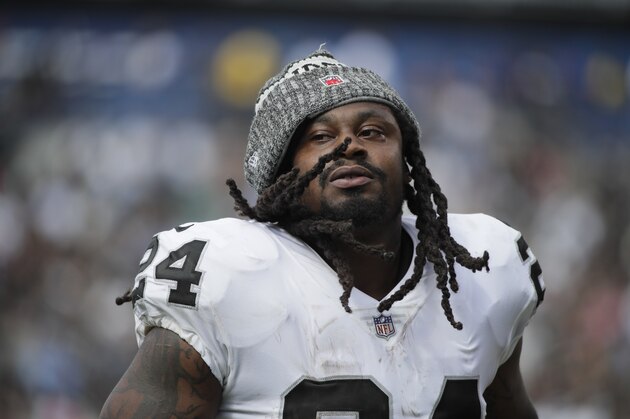 Oakland Raiders running back Marshawn Lynch leaves the field after the first half of an NFL football game against the Los Angeles Chargers Sunday, Oct. 7, 2018, in Carson, Calif. (AP Photo/Jae C. Hong)