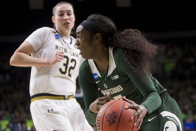 Michigan State's Victoria Gaines, right, drives by Notre Dame's Jessica Shepard (32) during a second-round game in the NCAA women's college basketball tournament in South Bend, Ind., Monday, March 25, 2019. (AP Photo/Robert Franklin)