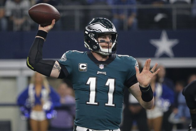 Philadelphia Eagles quarterback Carson Wentz (11) throws against the Dallas Cowboys during the first half of an NFL football game, in Arlington, Texas, Sunday, Dec. 9, 2018. (AP Photo/Michael Ainsworth)