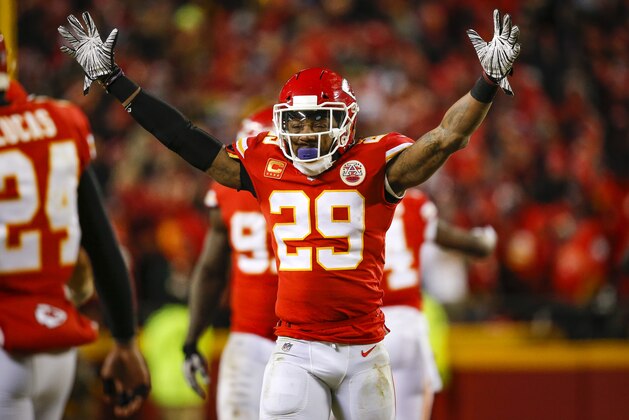 KANSAS CITY, MO - JANUARY 20: Safety Eric Berry #29 of the Kansas City Chiefs celebrates the fourth quarter interception of teammate safety Daniel Sorensen #49 of the Kansas City Chiefs against the New England Patriots in the AFC Championship Game at Arrowhead Stadium on January 20, 2019 in Kansas City, Missouri. (Photo by David Eulitt/Getty Images)