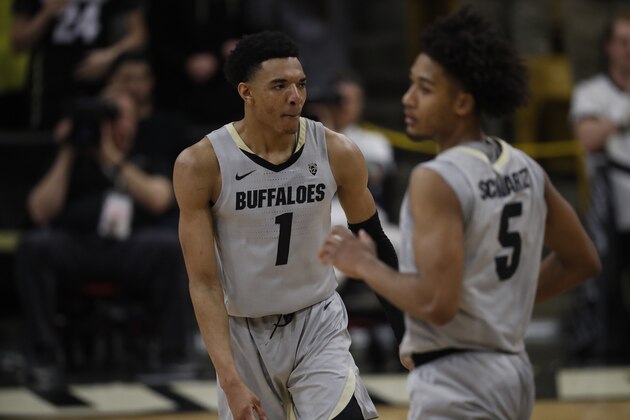 Colorado Buffaloes guard Tyler Bey (1) in the second half of an NCAA college basketball game Saturday, March 9, 2019, in Boulder, Colo. Colorado won 78-67. (AP Photo/David Zalubowski)