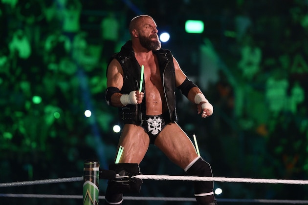 Triple H, of D-Generation X, greets the fans during a tag team match as part of as part of the World Wrestling Entertainment (WWE) Crown Jewel pay-per-view at the King Saud University Stadium in Riyadh on November 2, 2018. (Photo by Fayez Nureldine / AFP)        (Photo credit should read FAYEZ NURELDINE/AFP/Getty Images)