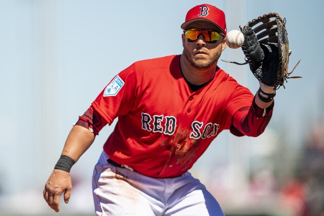 FT. MYERS, FL - MARCH 6: Steve Pearce #25 of the Boston Red Sox fields a ground ball during the first inning of a game against the Pittsburgh Pirates on March 6, 2019 at JetBlue Park at Fenway South in Fort Myers, Florida. (Photo by Billie Weiss/Boston Red Sox/Getty Images)