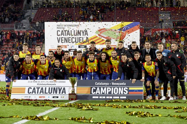 GIRONA, SPAIN - MARCH 25: Players of Catalonia celebrating the victory of the International Friendly match between Catalonia and Venezuela at Montilivi Stadium on March 25, 2019 in Girona, Spain. (Photo by Quality Sport Images/Getty Images)