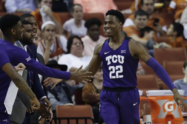 TCU guard RJ Nembhard (22) celebrates with teammates after scoring against Texas during the second half of an NCAA college basketball game, Saturday, March 9, 2019, in Austin, Texas. (AP Photo/Eric Gay)