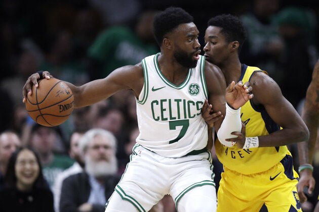 Boston Celtics guard Jaylen Brown (7) during the second half of an NBA basketball game in Boston, Wednesday, Jan. 9, 2019. The Celtics defeated the Pacers 135-108. (AP Photo/Charles Krupa)